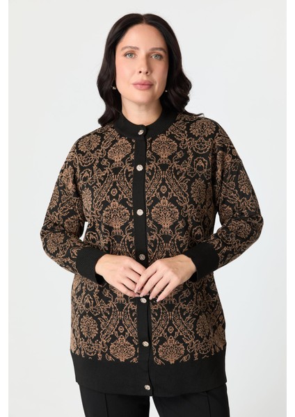 Büyük Beden Soyut Desenli Triko Hırka-Siyah/camel