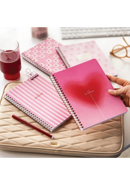 A5 Spiralli Karton Kapak 4&apos;lü Set Okul Defteri 80 Yaprak - Ders Programlı Pembe Kurdele Kalp