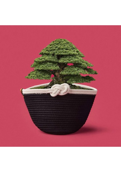 Kurdeleli Örgü Saksı - Siyah / Beyaz - 19X22X22 cm