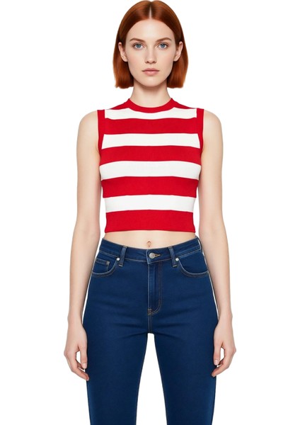 Kadın Çizgili Bisiklet Yaka Ince Triko Crop Üst Kaliteli Şık Rahat Modern Zarif Günlük fiyatları