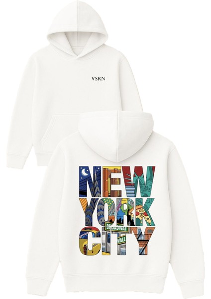 New York Cıty Tasarım Baskılı Oversize Beyaz Kapüşonlu Sweatshirt