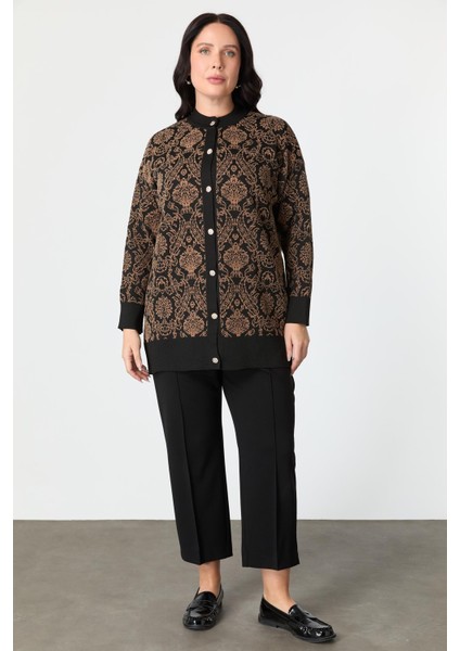 Büyük Beden Soyut Desenli Triko Hırka-Siyah/camel fiyatları