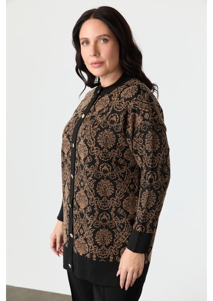 Büyük Beden Soyut Desenli Triko Hırka-Siyah/camel modelleri