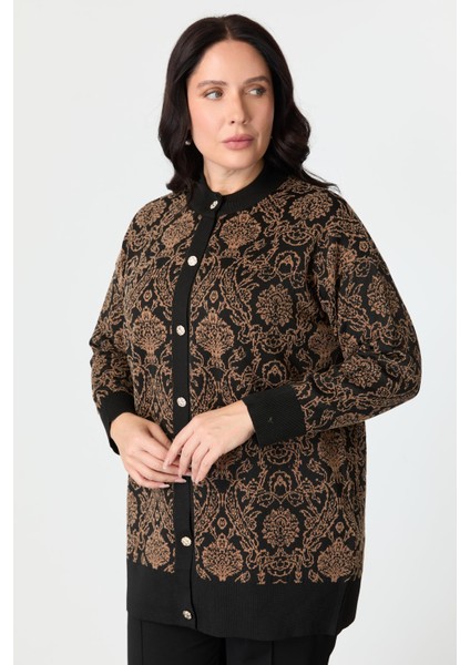 Büyük Beden Soyut Desenli Triko Hırka-Siyah/camel fırsatları