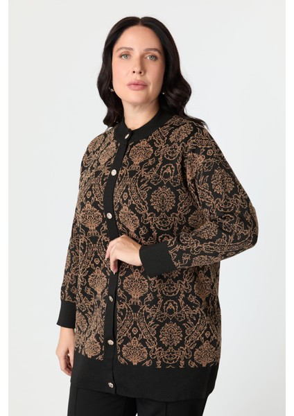 Büyük Beden Soyut Desenli Triko Hırka-Siyah/camel indirimleri