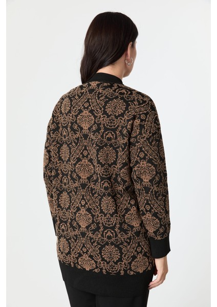 Büyük Beden Soyut Desenli Triko Hırka-Siyah/camel