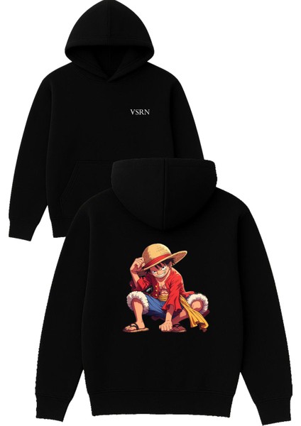 Sapkalı Oturan Anime Tasarım Baskılı Oversize Siyah Kapüşonlu Sweatshirt
