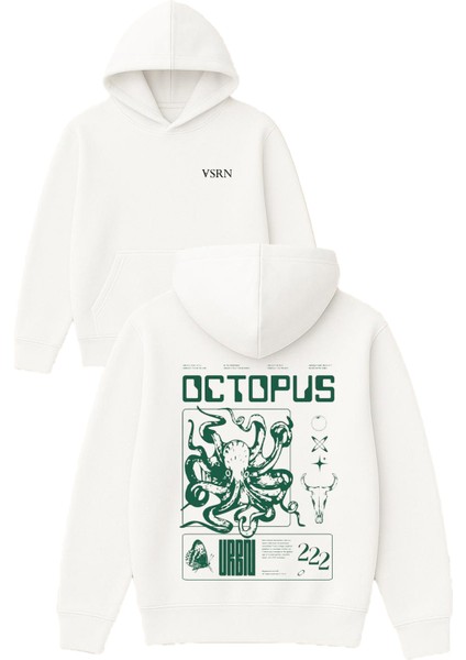 Octopus Tasarım Baskılı Oversize Beyaz Kapüşonlu Sweatshirt