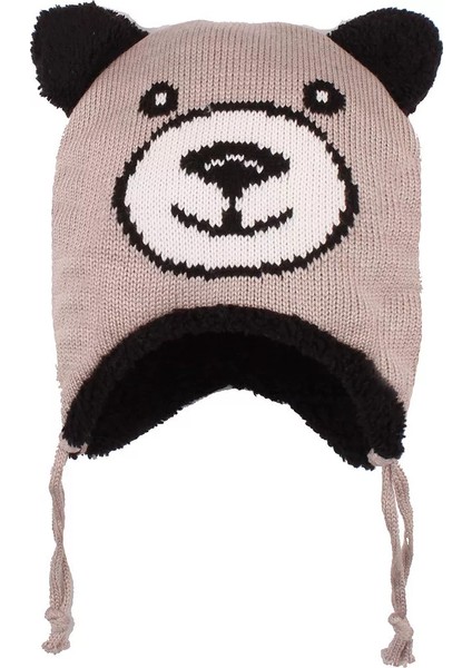 Erkek Bebek Ayıcık Desenli Kulaklı Örgü Bere 0-18 Ay Bej