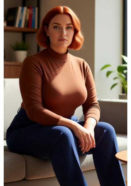 Moda Büyük Beden Dik Yaka Örme Fit Düz Desen Casual Günlük Regular Uzun Kol Bluz