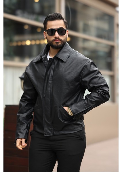 Unisex Vintage Cep Detaylı Polo Yakalı Deri Ceket