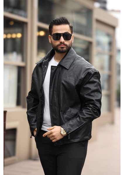 Unisex Vintage Cep Detaylı Polo Yakalı Deri Ceket fiyatları