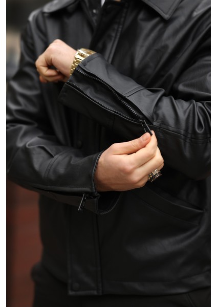 Unisex Vintage Cep Detaylı Polo Yakalı Deri Ceket modelleri