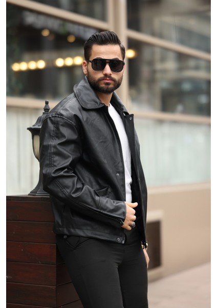 Unisex Vintage Cep Detaylı Polo Yakalı Deri Ceket fırsatları