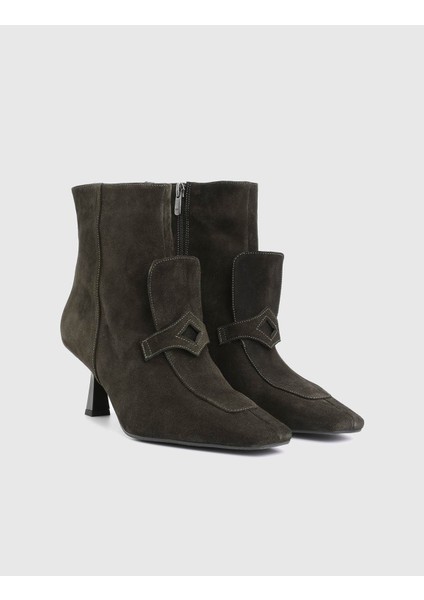 Tufty Hakiki Süet Deri Haki Kadın Topuklu Bot