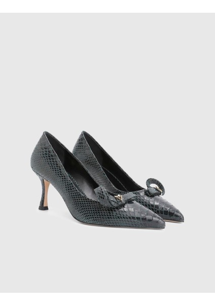 Merisa Hakiki Basklı Deri Yeşil Kadın Topuklu Ayakkabı