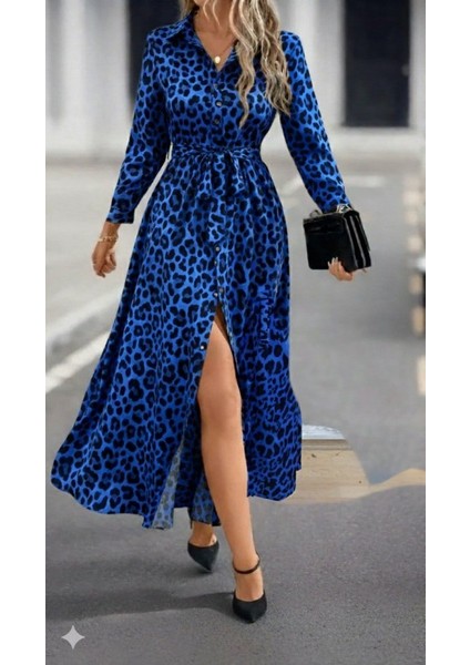Kadın Uzun Kollu Yakalı Belden Kuşaklı Leopar Desenli Modal Uzun Elbise fırsatları