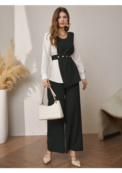 Kadın Uzun Kollu Açık Yakalı Çift Renkli Kemerli Ithal Krep Ikili Takım