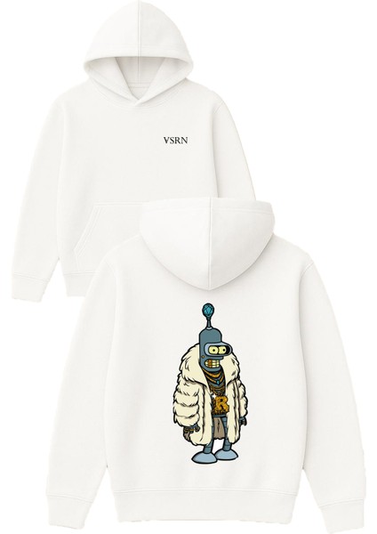 Zengın Kurklu Tasarım Baskılı Oversize Beyaz Kapüşonlu Sweatshirt