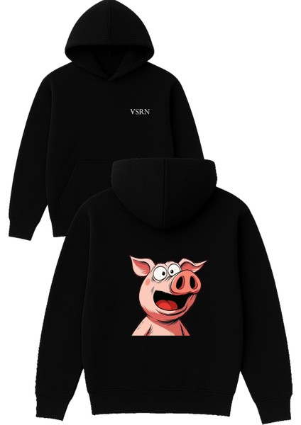 Domuz Tasarım Baskılı Oversize Siyah Kapüşonlu Sweatshirt