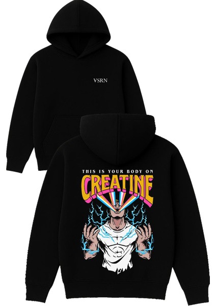 Creatıne Tasarım Baskılı Oversize Siyah Kapüşonlu Sweatshirt