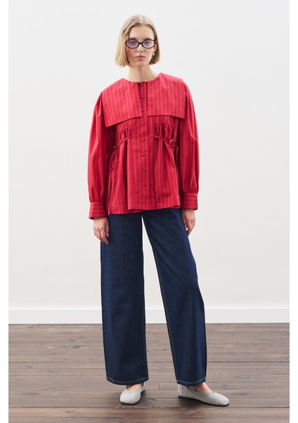 Geniş Yakalı Kuşaklı Gömlek Kırmızı Çizgili fiyatları