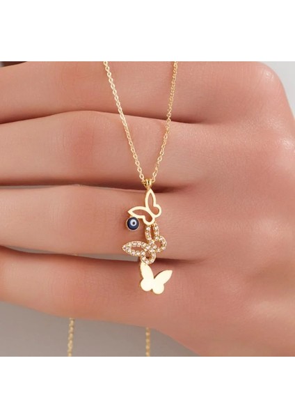 Kadın Kolye – Nazar Boncuklu Zirkon Taşlı Kelebek Figürlü, Kararmaz Antialerjik Gold Çelik Tasarım