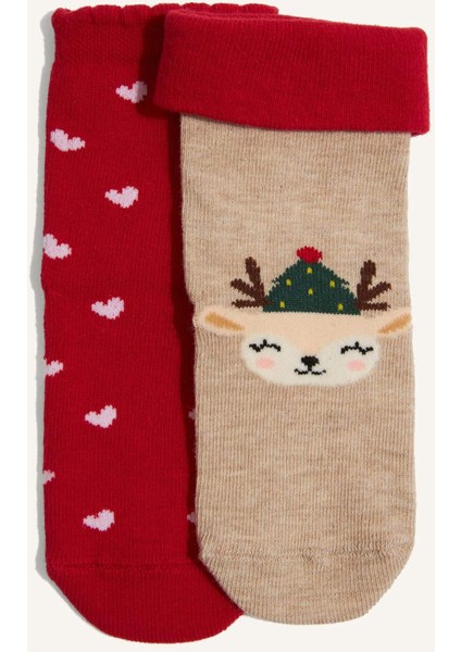 Kız Bebek Yılbaşı Temalı Dikişsiz 2'li Pamuklu Uzun Çorap G3992A5NS