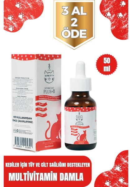 Kediler İçin Tüy Dökümü Önleyici, Tüyleri Besleyen Cilt Ve Tüy Sağlığı Damlası Plus B 50 ml