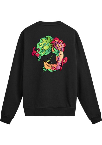 Sırt Baskılı Renkli Bitki Figürlü Sweatshirt
