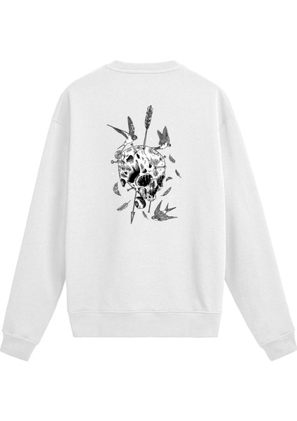 Sırt Baskılı Ok ve Kuş Detaylı Kurukafa Sweatshirt