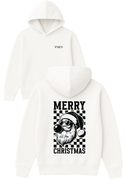 Ağzı Sakızlı Noel Baba Tasarım Baskılı Oversize Beyaz Kapüşonlu Sweatshirt