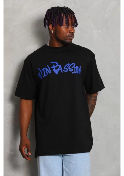 Unisex Oversize Baskılı Bisiklet Yaka T-Shirt - Siyah modelleri