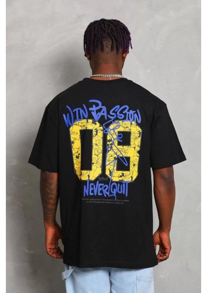 Unisex Oversize Baskılı Bisiklet Yaka T-Shirt - Siyah fırsatları