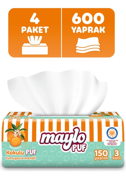 Mandalina Kokulu Çek Kullan Puf Mendil 150 Yaprak x 4 Paket