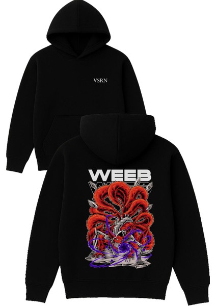 Weeb Tasarım Baskılı Oversize Siyah Kapüşonlu Sweatshirt
