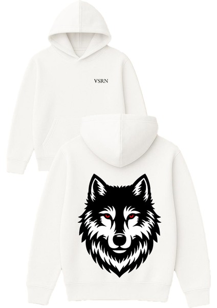 Kurt Kırmızı Gözlü Tasarım Baskılı Oversize Beyaz Kapüşonlu Sweatshirt
