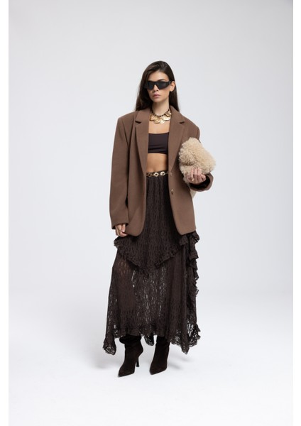 Mireya Asimetrik Kahve Dantel Etek