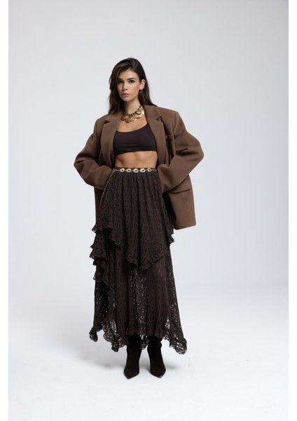 Mireya Asimetrik Kahve Dantel Etek modelleri