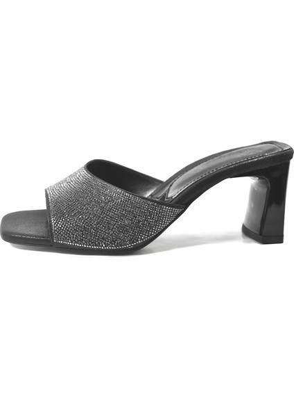 Gümüş & Siyah Taşlı Kalın Topuklu Kadın Abiye Terlik