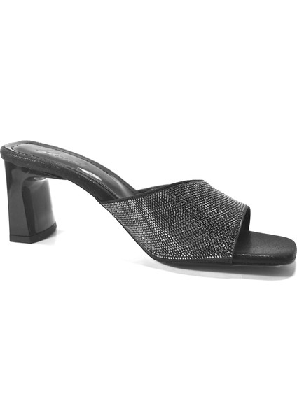 Gümüş & Siyah Taşlı Kalın Topuklu Kadın Abiye Terlik modelleri