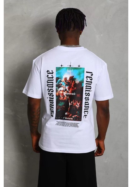 Unisex Oversize Baskılı Bisiklet Yaka T-Shirt - Beyaz indirimleri