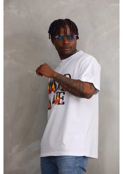 Unisex Baskılı Oversize T-Shirt - Beyaz fırsatları