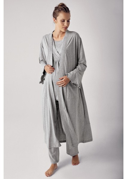 Kadın Uzun Kollu Esnek Pamuklu Hamile Sabahlık Pijama TAKIMI13300
