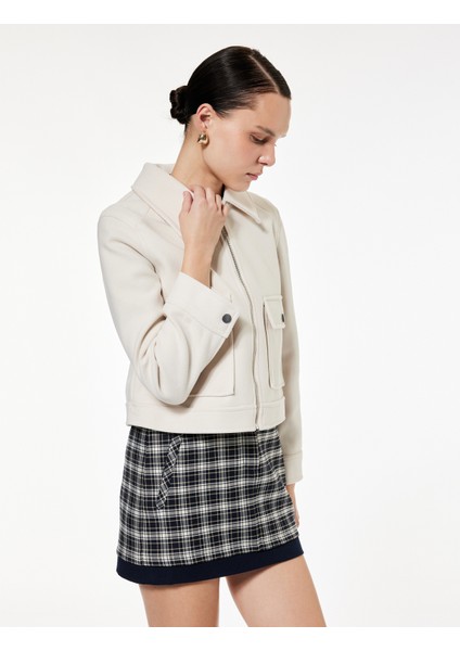 Uzun Kollu Fermuar Detaylı Cepli Crop Kaşe Ceket modelleri