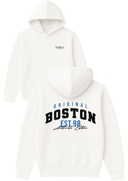 Boston Orıgınal Tasarım Baskılı Oversize Beyaz Kapüşonlu Sweatshirt