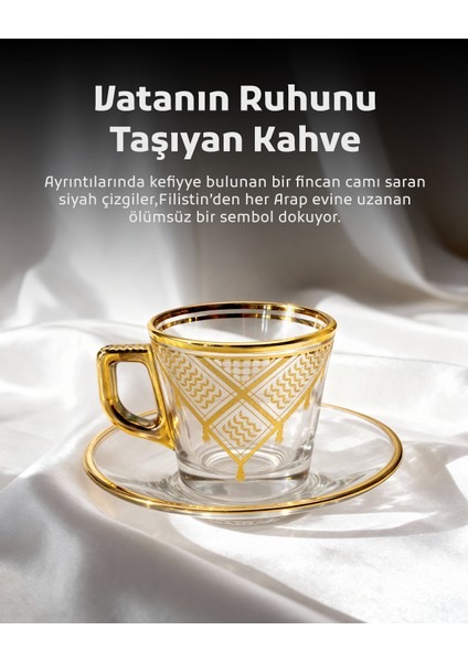 6'lı Türk Kahve Fincan Seti Filistin Kefiyesi Nakışlı 12 Parça T00002