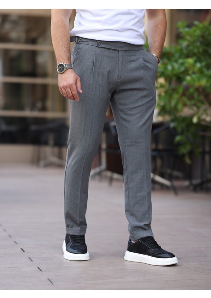 Old Money Slim Fit Pileli Likralı Kumaş Pantolon Erkek Gri Pamuk-Elastan fiyatları