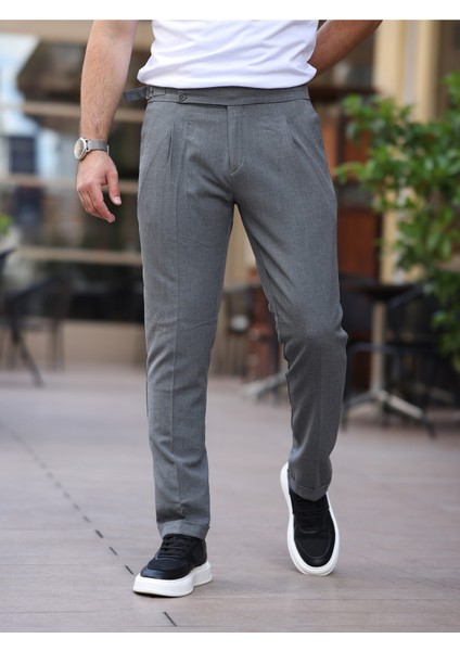 Old Money Slim Fit Pileli Likralı Kumaş Pantolon Erkek Gri Pamuk-Elastan modelleri