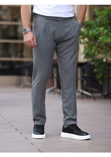 Old Money Slim Fit Pileli Likralı Kumaş Pantolon Erkek Gri Pamuk-Elastan fırsatları